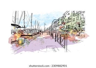 Building view with landmark of   Porto ferraio is the town in Italy. Watercolor splash with hand drawn sketch illustration in vector.