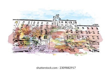 Building view with landmark of   Porto ferraio is the town in Italy. Watercolor splash with hand drawn sketch illustration in vector.