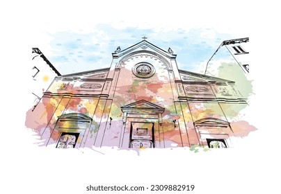 Building view with landmark of   Porto ferraio is the town in Italy. Watercolor splash with hand drawn sketch illustration in vector.