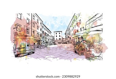 Building view with landmark of   Porto ferraio is the town in Italy. Watercolor splash with hand drawn sketch illustration in vector.