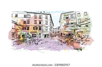 Building view with landmark of   Porto ferraio is the town in Italy. Watercolor splash with hand drawn sketch illustration in vector.