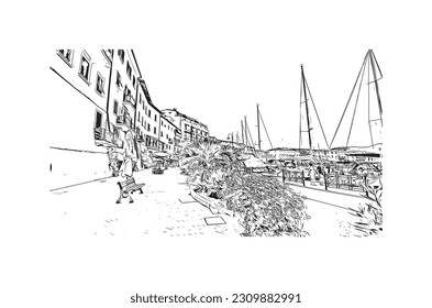 Building view with landmark of   Porto ferraio is the town in Italy. Hand drawn sketch illustration in vector.
