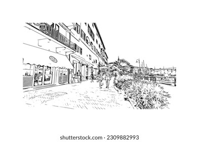 Building view with landmark of   Porto ferraio is the town in Italy. Hand drawn sketch illustration in vector.