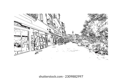 Building view with landmark of   Porto ferraio is the town in Italy. Hand drawn sketch illustration in vector.