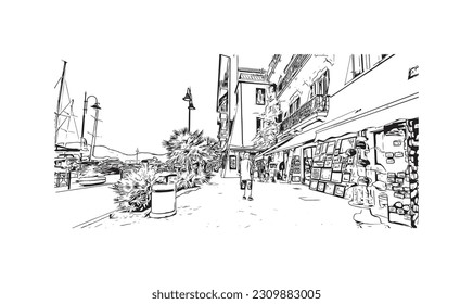 Building view with landmark of   Porto ferraio is the town in Italy. Hand drawn sketch illustration in vector.