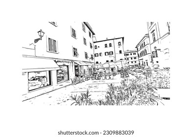 Building view with landmark of   Porto ferraio is the town in Italy. Hand drawn sketch illustration in vector.