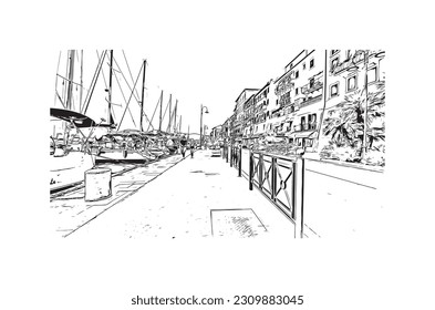 Building view with landmark of   Porto ferraio is the town in Italy. Hand drawn sketch illustration in vector.