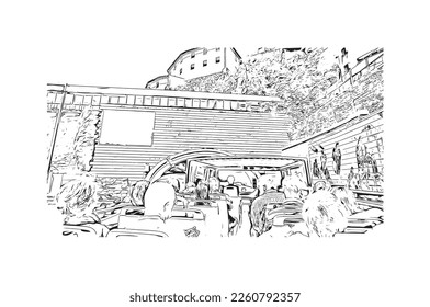 Building view with landmark of Porto Novo is the 
capital of Benin. Hand drawn sketch illustration in vector.