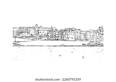 Building view with landmark of Porto Novo is the 
capital of Benin. Hand drawn sketch illustration in vector.