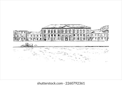 Building view with landmark of Porto Novo is the 
capital of Benin. Hand drawn sketch illustration in vector.