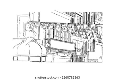 Building view with landmark of Porto Novo is the 
capital of Benin. Hand drawn sketch illustration in vector.