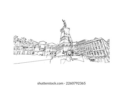 Building view with landmark of Porto Novo is the 
capital of Benin. Hand drawn sketch illustration in vector.