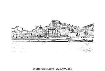 Building view with landmark of Porto Novo is the 
capital of Benin. Hand drawn sketch illustration in vector.