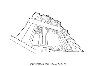 Building view with landmark of Porto Novo is the 
capital of Benin. Hand drawn sketch illustration in vector.