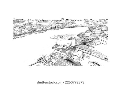 Building view with landmark of Porto Novo is the 
capital of Benin. Hand drawn sketch illustration in vector.