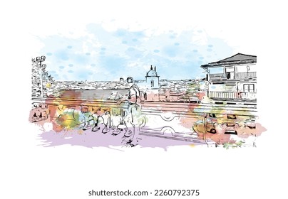 Building view with landmark of Porto Novo is the 
capital of Benin. Watercolor splash with hand drawn sketch illustration in vector.