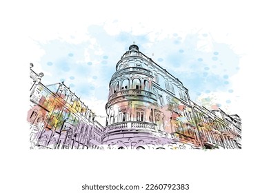 Building view with landmark of Porto Novo is the 
capital of Benin. Watercolor splash with hand drawn sketch illustration in vector.