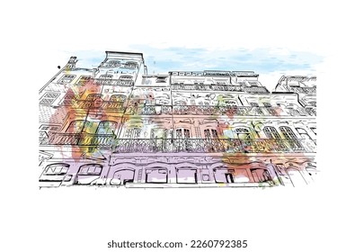 Building view with landmark of Porto Novo is the 
capital of Benin. Watercolor splash with hand drawn sketch illustration in vector.