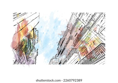 Building view with landmark of Porto Novo is the 
capital of Benin. Watercolor splash with hand drawn sketch illustration in vector.