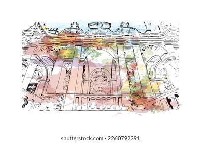 Building view with landmark of Porto Novo is the 
capital of Benin. Watercolor splash with hand drawn sketch illustration in vector.