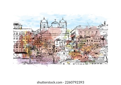 Building view with landmark of Porto Novo is the 
capital of Benin. Watercolor splash with hand drawn sketch illustration in vector.