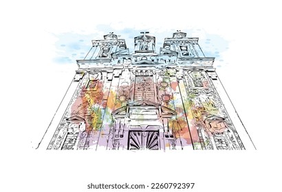 Building view with landmark of Porto Novo is the 
capital of Benin. Watercolor splash with hand drawn sketch illustration in vector.