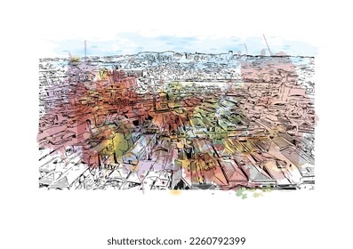 Building view with landmark of Porto Novo is the 
capital of Benin. Watercolor splash with hand drawn sketch illustration in vector.