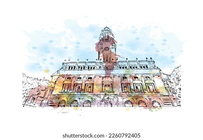 Building view with landmark of Porto Novo is the 
capital of Benin. Watercolor splash with hand drawn sketch illustration in vector.