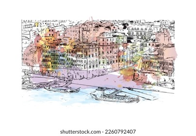 Building view with landmark of Porto Novo is the 
capital of Benin. Watercolor splash with hand drawn sketch illustration in vector.