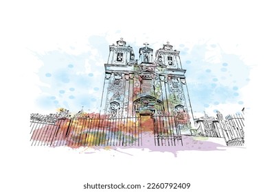 Building view with landmark of Porto Novo is the 
capital of Benin. Watercolor splash with hand drawn sketch illustration in vector.