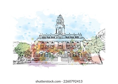 Building view with landmark of Porto Novo is the 
capital of Benin. Watercolor splash with hand drawn sketch illustration in vector.