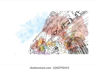 Building view with landmark of Porto Novo is the 
capital of Benin. Watercolor splash with hand drawn sketch illustration in vector.