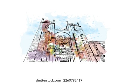 Building view with landmark of Porto Novo is the 
capital of Benin. Watercolor splash with hand drawn sketch illustration in vector.