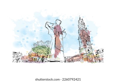 Building view with landmark of Porto Novo is the 
capital of Benin. Watercolor splash with hand drawn sketch illustration in vector.