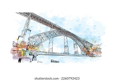 Building view with landmark of Porto Novo is the 
capital of Benin. Watercolor splash with hand drawn sketch illustration in vector.