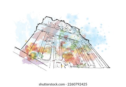 Building view with landmark of Porto Novo is the 
capital of Benin. Watercolor splash with hand drawn sketch illustration in vector.