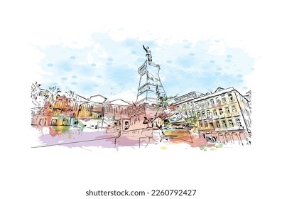 Building view with landmark of Porto Novo is the 
capital of Benin. Watercolor splash with hand drawn sketch illustration in vector.