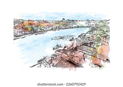 Building view with landmark of Porto Novo is the 
capital of Benin. Watercolor splash with hand drawn sketch illustration in vector.