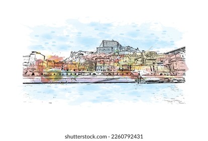 Building view with landmark of Porto Novo is the 
capital of Benin. Watercolor splash with hand drawn sketch illustration in vector.