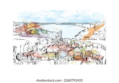 Building view with landmark of Porto Novo is the 
capital of Benin. Watercolor splash with hand drawn sketch illustration in vector.