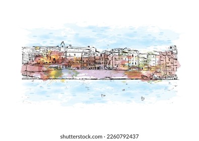 Building view with landmark of Porto Novo is the 
capital of Benin. Watercolor splash with hand drawn sketch illustration in vector.