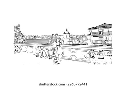 Building view with landmark of Porto Novo is the 
capital of Benin. Hand drawn sketch illustration in vector.