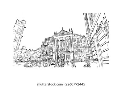 Building view with landmark of Porto Novo is the 
capital of Benin. Hand drawn sketch illustration in vector.