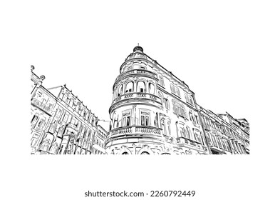 Building view with landmark of Porto Novo is the 
capital of Benin. Hand drawn sketch illustration in vector.