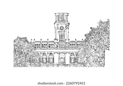 Building view with landmark of Porto Novo is the 
capital of Benin. Hand drawn sketch illustration in vector.