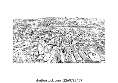 Building view with landmark of Porto Novo is the 
capital of Benin. Hand drawn sketch illustration in vector.