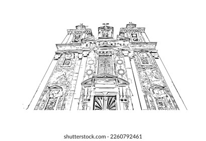 Building view with landmark of Porto Novo is the 
capital of Benin. Hand drawn sketch illustration in vector.