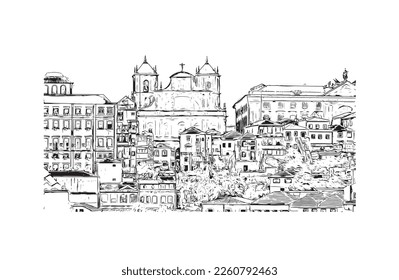 Building view with landmark of Porto Novo is the 
capital of Benin. Hand drawn sketch illustration in vector.