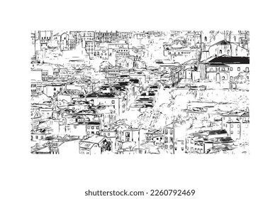 Building view with landmark of Porto Novo is the 
capital of Benin. Hand drawn sketch illustration in vector.