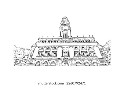 Building view with landmark of Porto Novo is the 
capital of Benin. Hand drawn sketch illustration in vector.